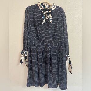 Eloquii Navy Polka Dot Long Sleeve Dress Tie Accents Classy Size 16